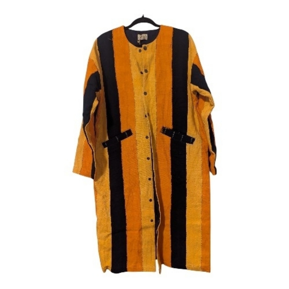 Larry Jay Ghanaian Designer Stylish Long Orange and Indigo Coat - Picture 2 of 10